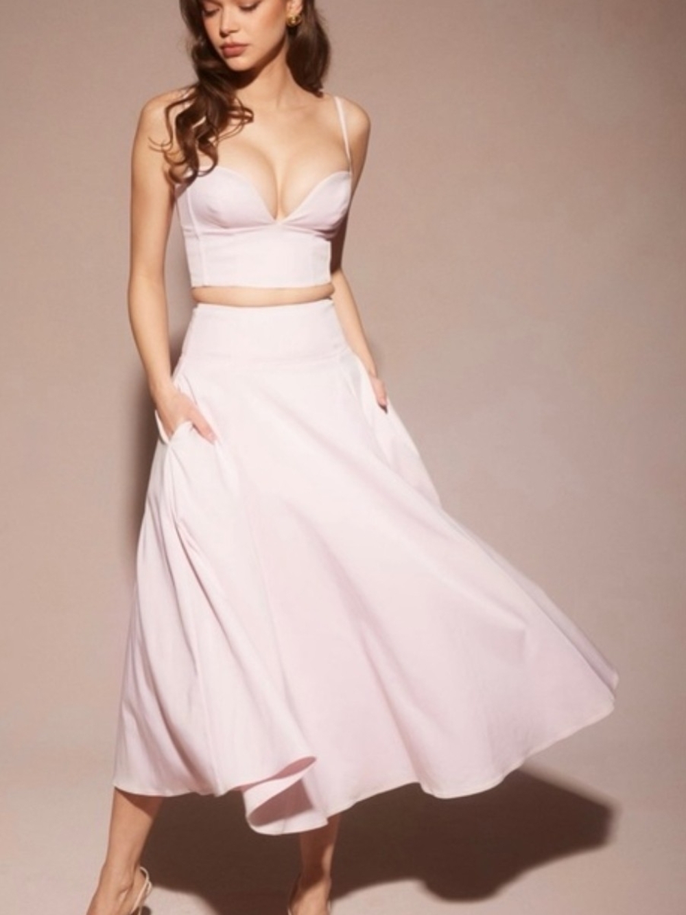 Women's Pink Satin Midi Skirt - Elegant High-Waist A-Line - Picture 3 of 9